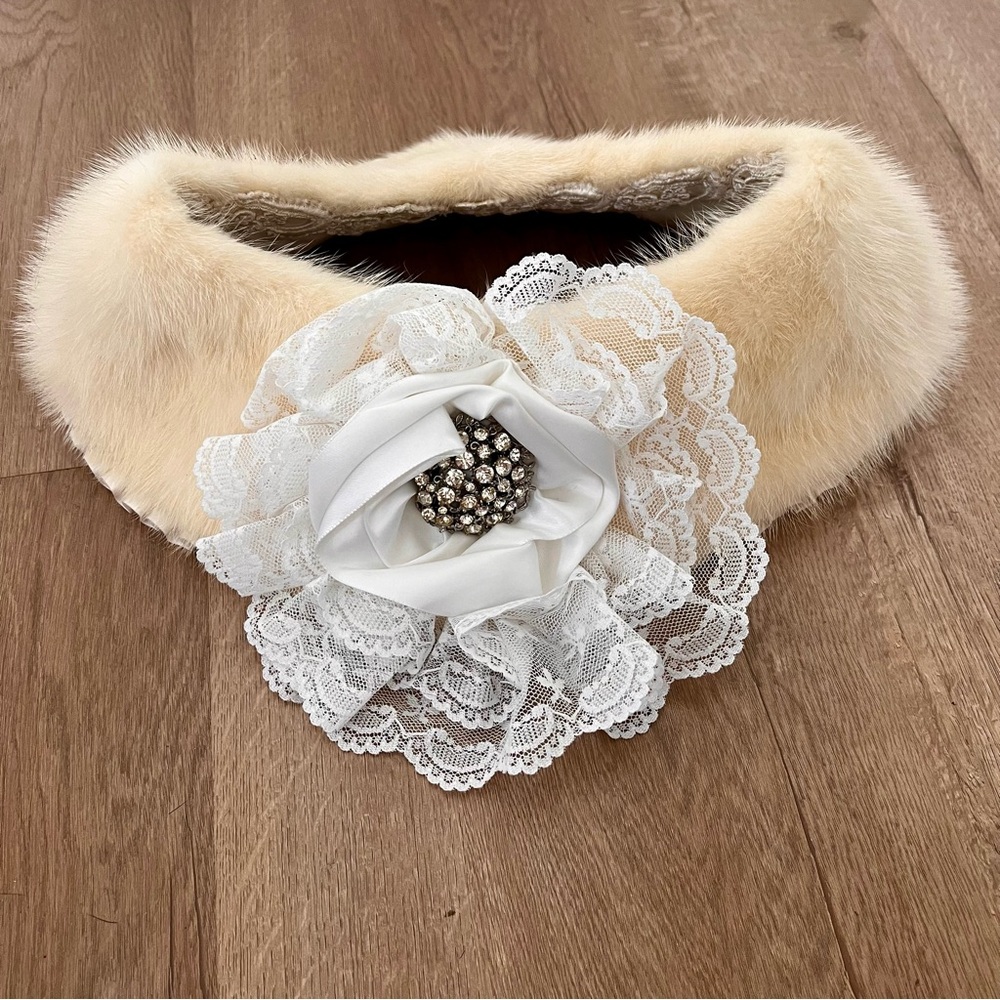 VTG CREAM REAL MINK FUR COLLAR WRAP SCARF RHINESTONE FLOWER EMBROIDERED Wedding